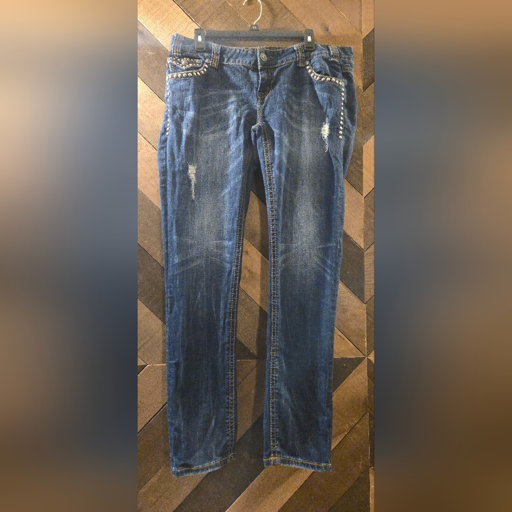 Rock & Roll Cowgirl Distressed Blue Jeans with Studs - Picture 7 of 7